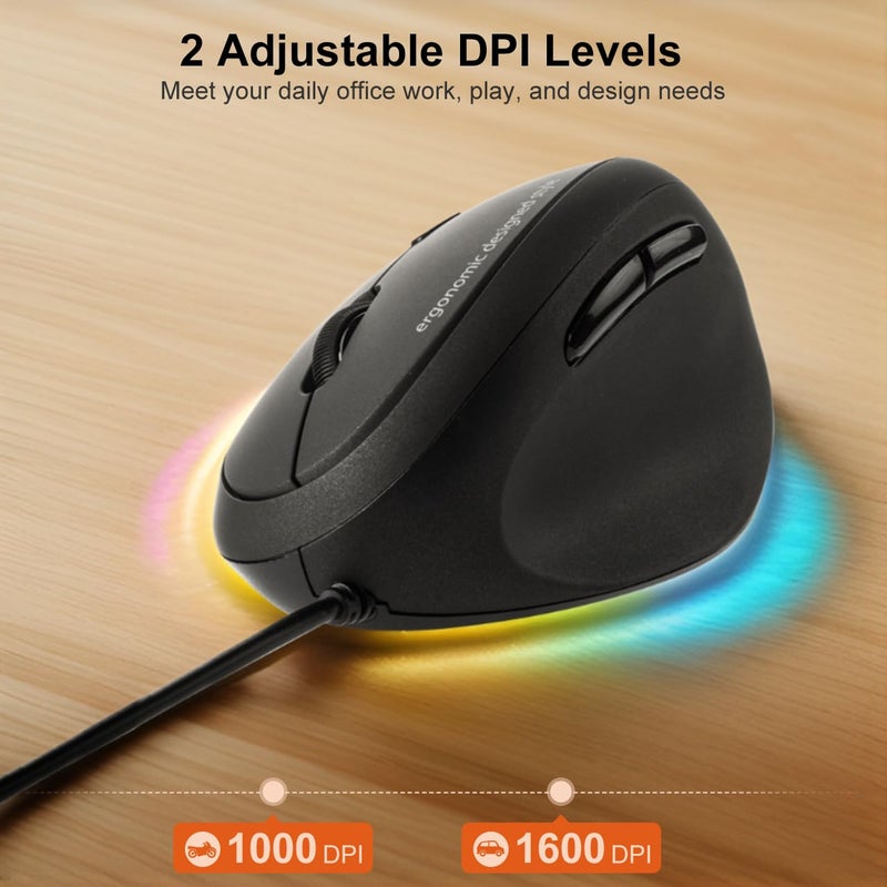 SANWA Wired Ergonomic Mouse, Optical Vertical Mice for Small Hands, Reduce Wrist Strain, 1000/1600 Adjustable DPI, 6 Buttons, Compatible with MacBook, PC, Laptop, Desktop, Windows, Mac OS, Black - Image 4